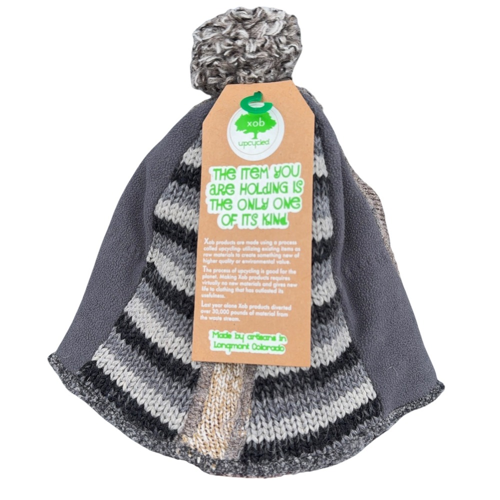 xob Upcycled‎ Beanie Hat Unisex OS Wool Blend Fleece Lined Grey Black Tan